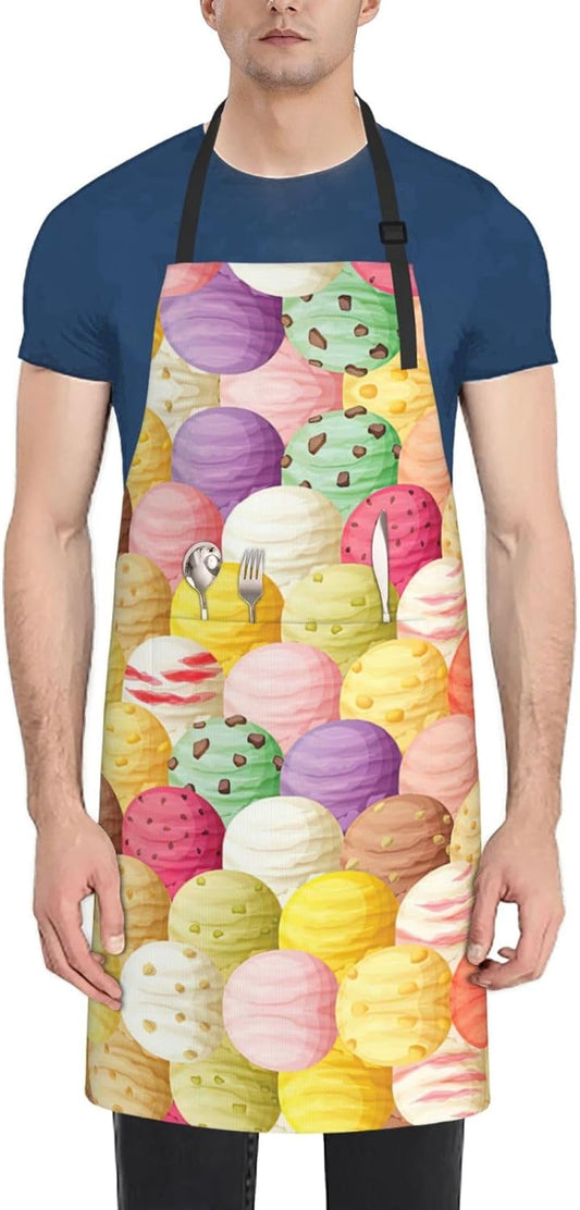 Ice Cream Print 28x33 In Adult Kitchen Apron with Pockets Versatile Chef Smock for Cooking Baking