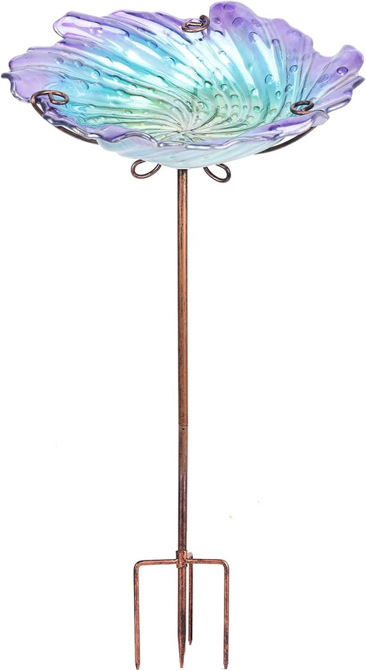 MUMTOP Glass Bird Baths for Outdoors, Garden Bird Bath Bowl with Metal Stake Birdbaths for Outside Yard Outdoor, Purple