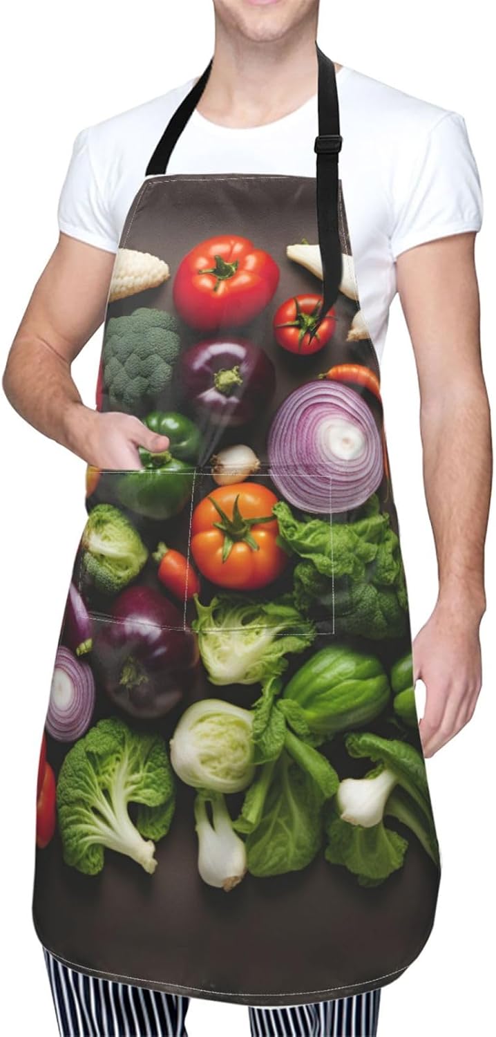 Introduction of various vegetables print Waterproof chef's apron with pocket apron for kitchen cooking baking barbecue and gardening