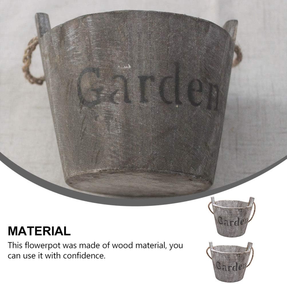 Hemoton Wooden Barrel Planter 2Pcs Set Rustic Bucket Flower Pot Decoration with Handle for Indoor Outdoor Succulent Plants