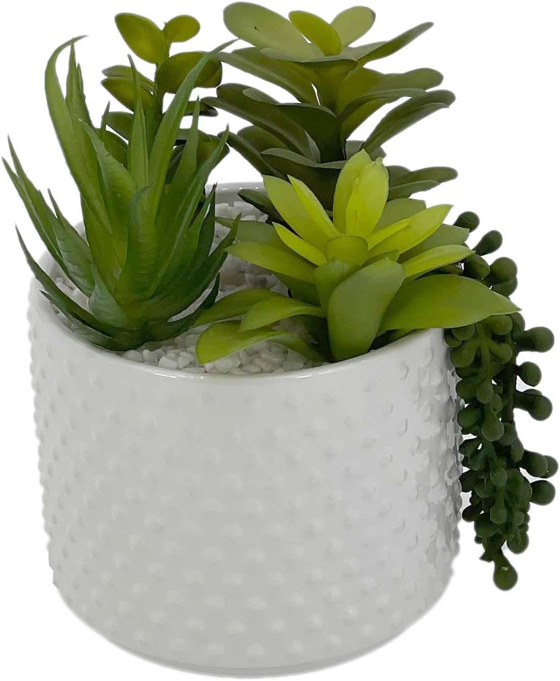 Galt International Faux Assorted Succulent Arrangement in White Dimpled Ceramic Porcelain Pot Planter 7.87" Tall | Home Decor Living Room Kitchen Washroom Restroom Office Plant