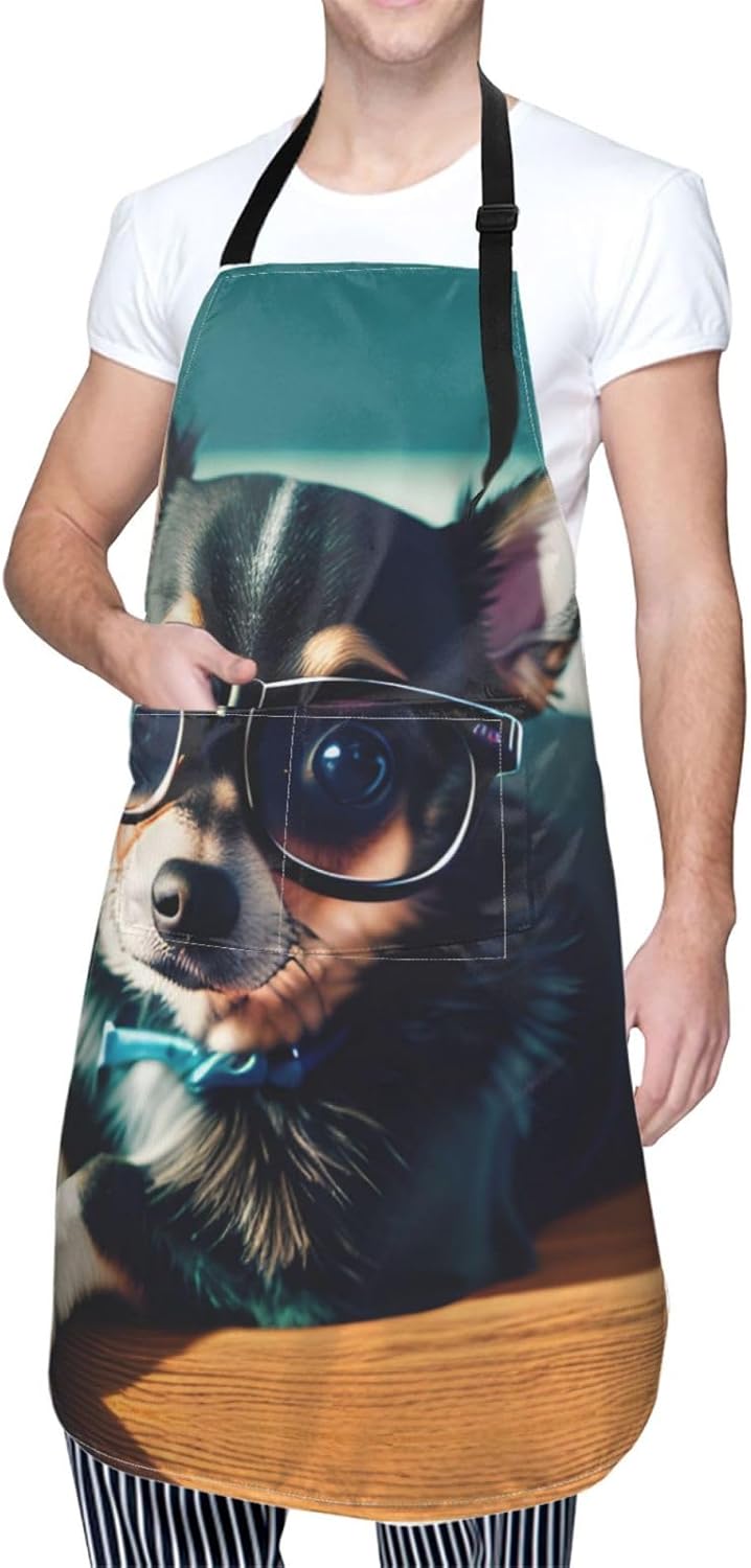 Chihuahua Dog Glasses Print 28x33 In Adult Kitchen Apron with Pockets 