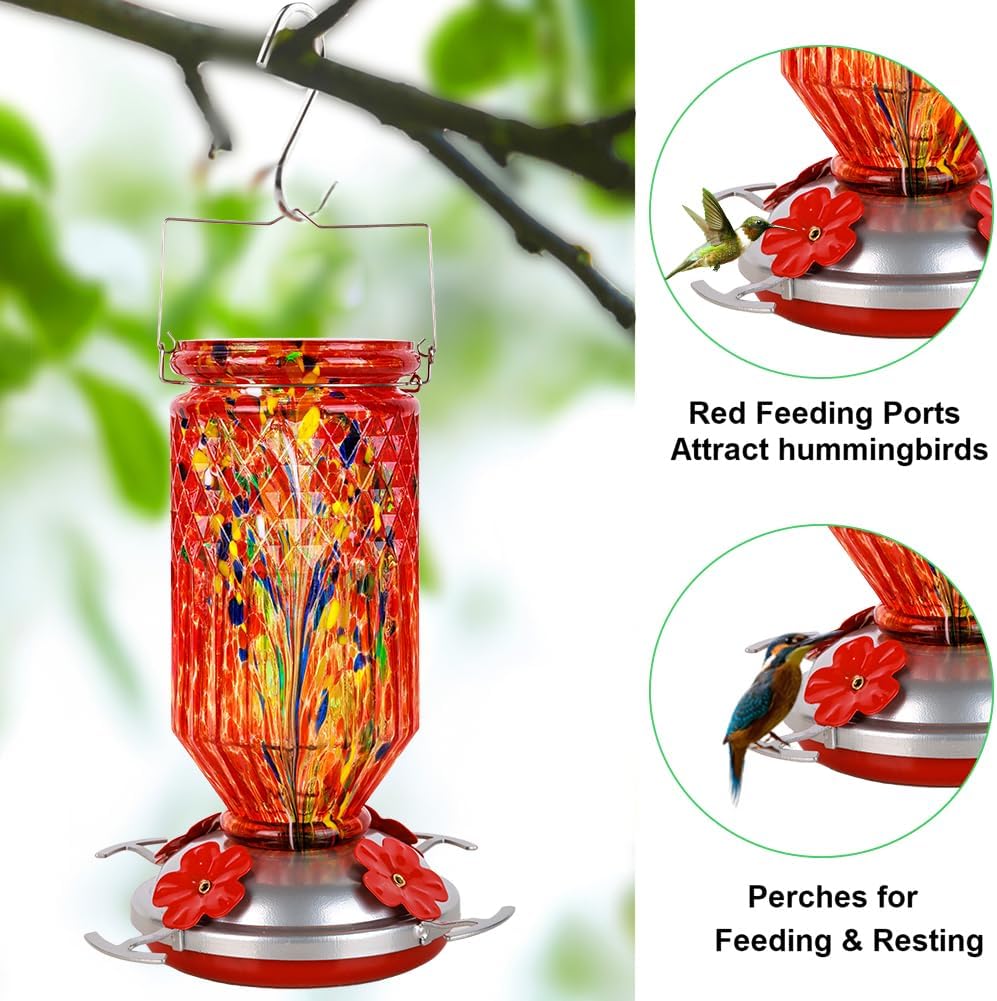 Hand Blown Glass Hummingbird Feeder for Outdoors Hanging Round Chaning Color 32 OZ Large Humming Birds Feeders with Accessories Gift for Women Mom (Red)