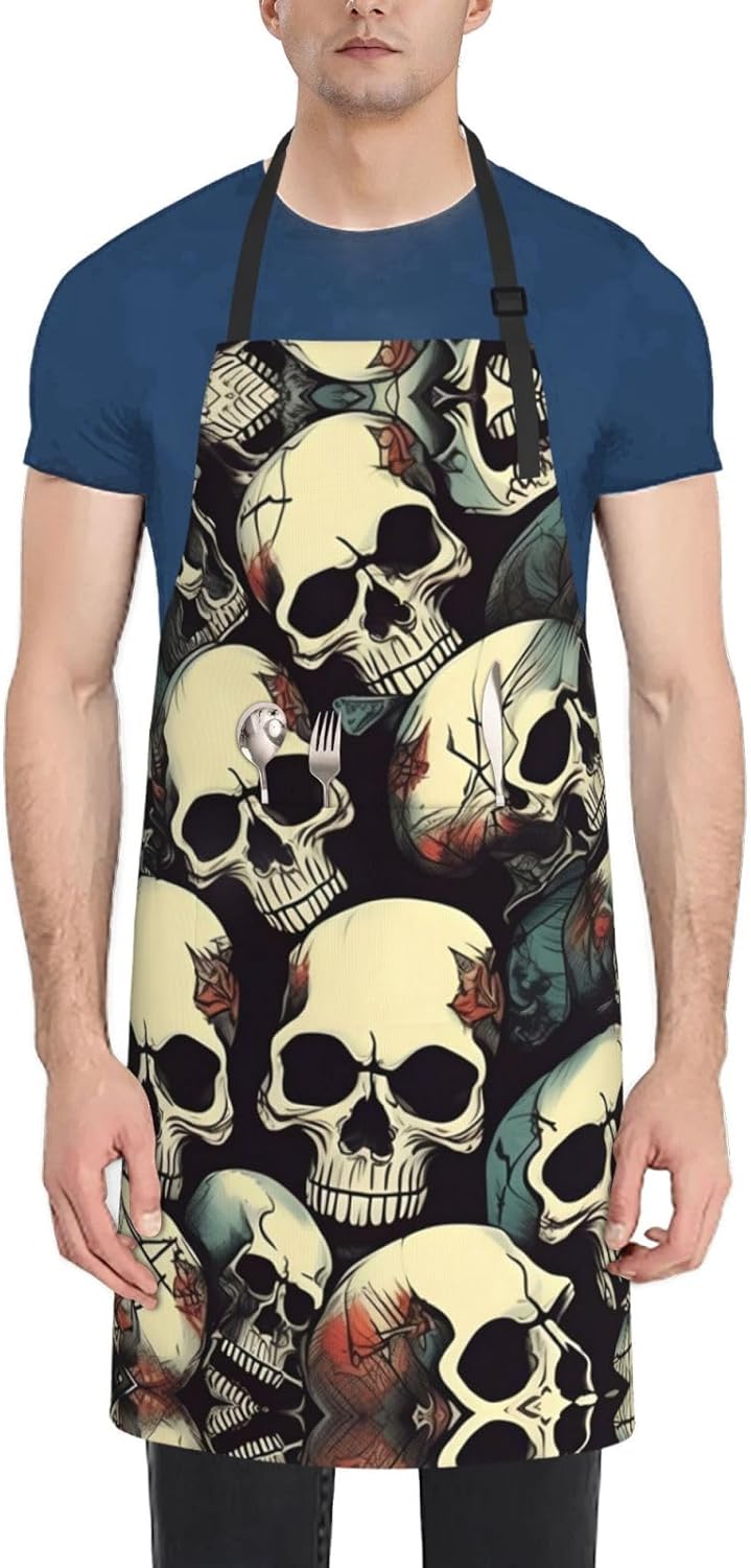 Skull Skeleton Print 28x33 In Adult Kitchen Apron with Pockets Versatile Chef Smock for Cooking Baking