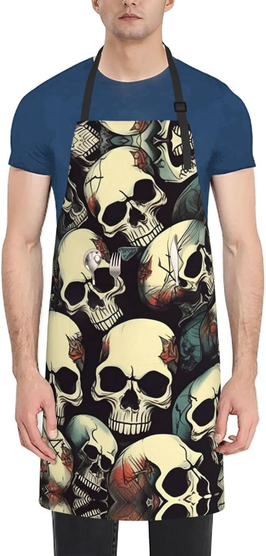 Skull Skeleton Print 28x33 In Adult Kitchen Apron with Pockets Versatile Chef Smock for Cooking Baking