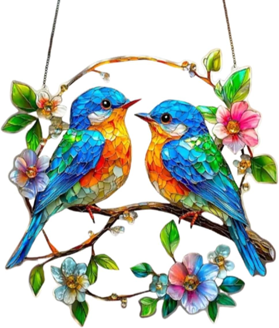 Hummingbird on Branch Suncatcher Stained Glass Window Hanging Hand-Pai