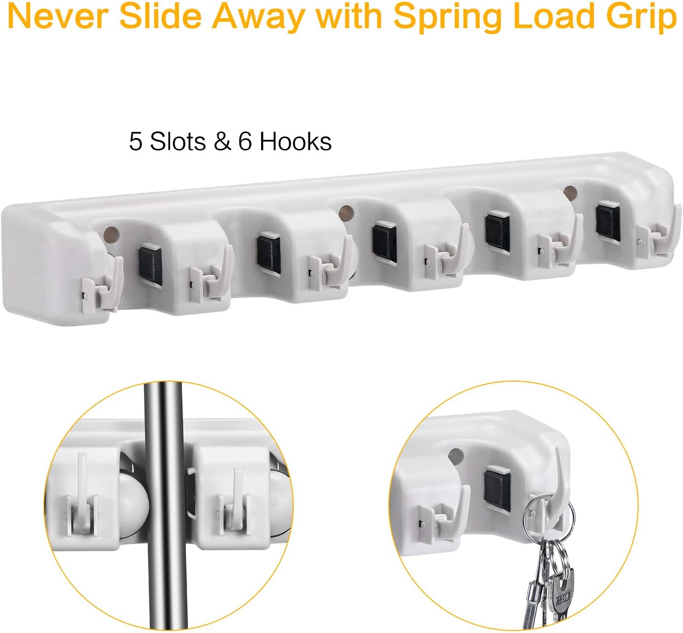 Champs Mop Broom Holder Wall Mounted Commercial Organizer Storage Rack for Garden Tools, Kitchen, Garage and Laundry [5 Slots with 6 Hooks]