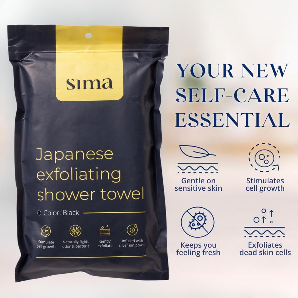 Exfoliating Washcloth Face & Body Scrub Towel - Japanese Exfoliating Towel with Hexagon Fibers, Body Scrubber with 2 Sides for Scrubbing & Washing, Extra Long Body Towels (Black)