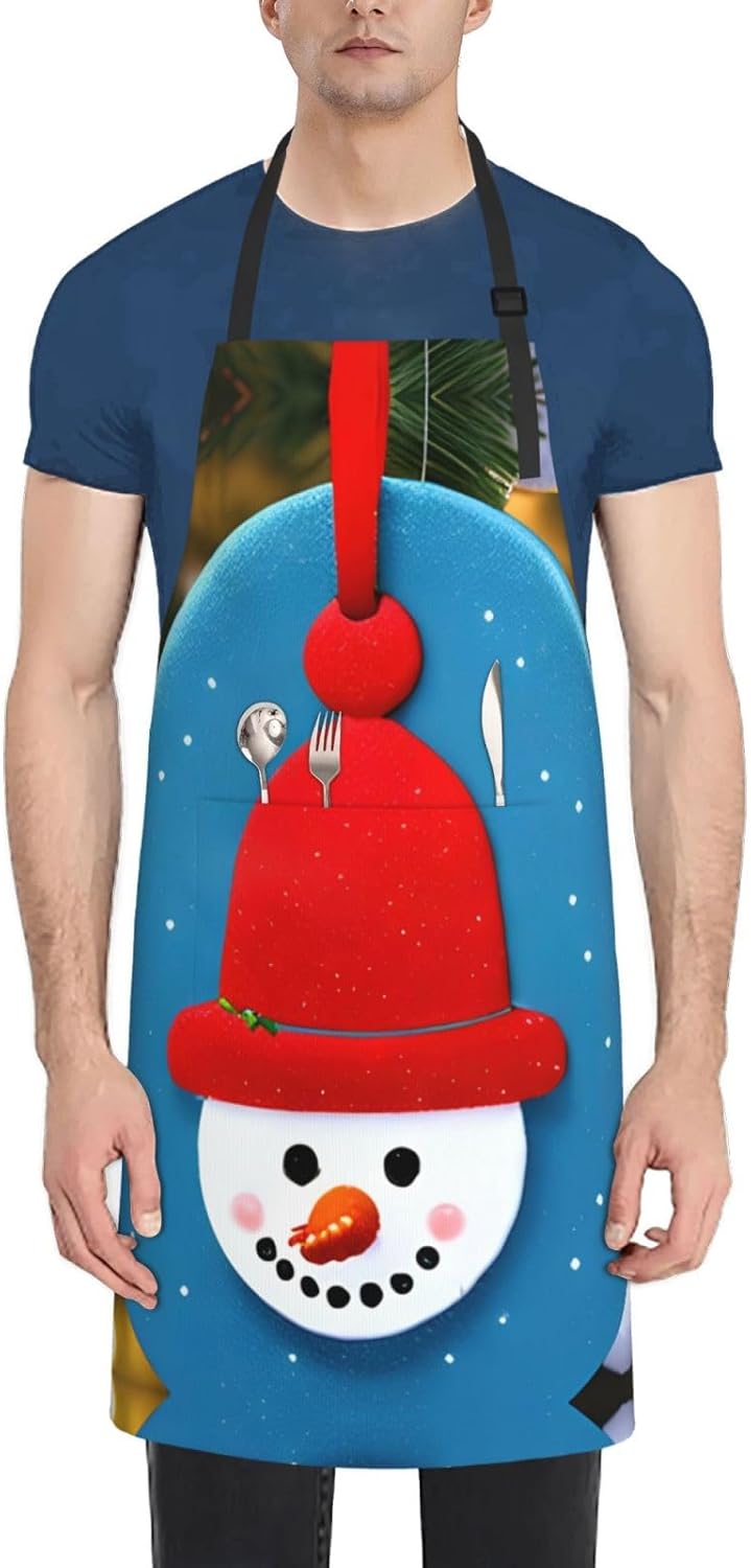 Christmas Carton Snowman Print Laundry apron 28x33 In Waterproof Kitchen Apron with Pockets for Cooking Baking
