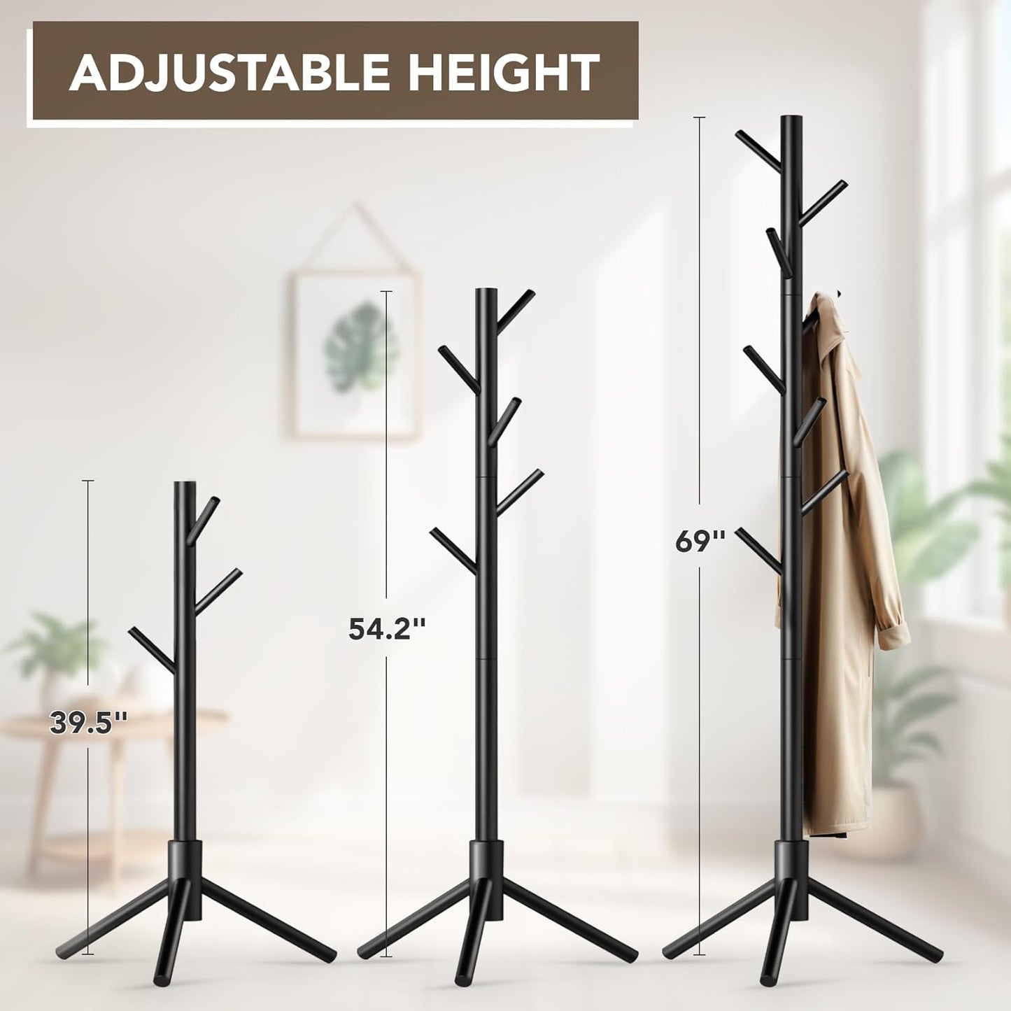 Wooden Tree Coat Rack Stand,Sturdy Freestanding Coat Rack with 8 Hooks