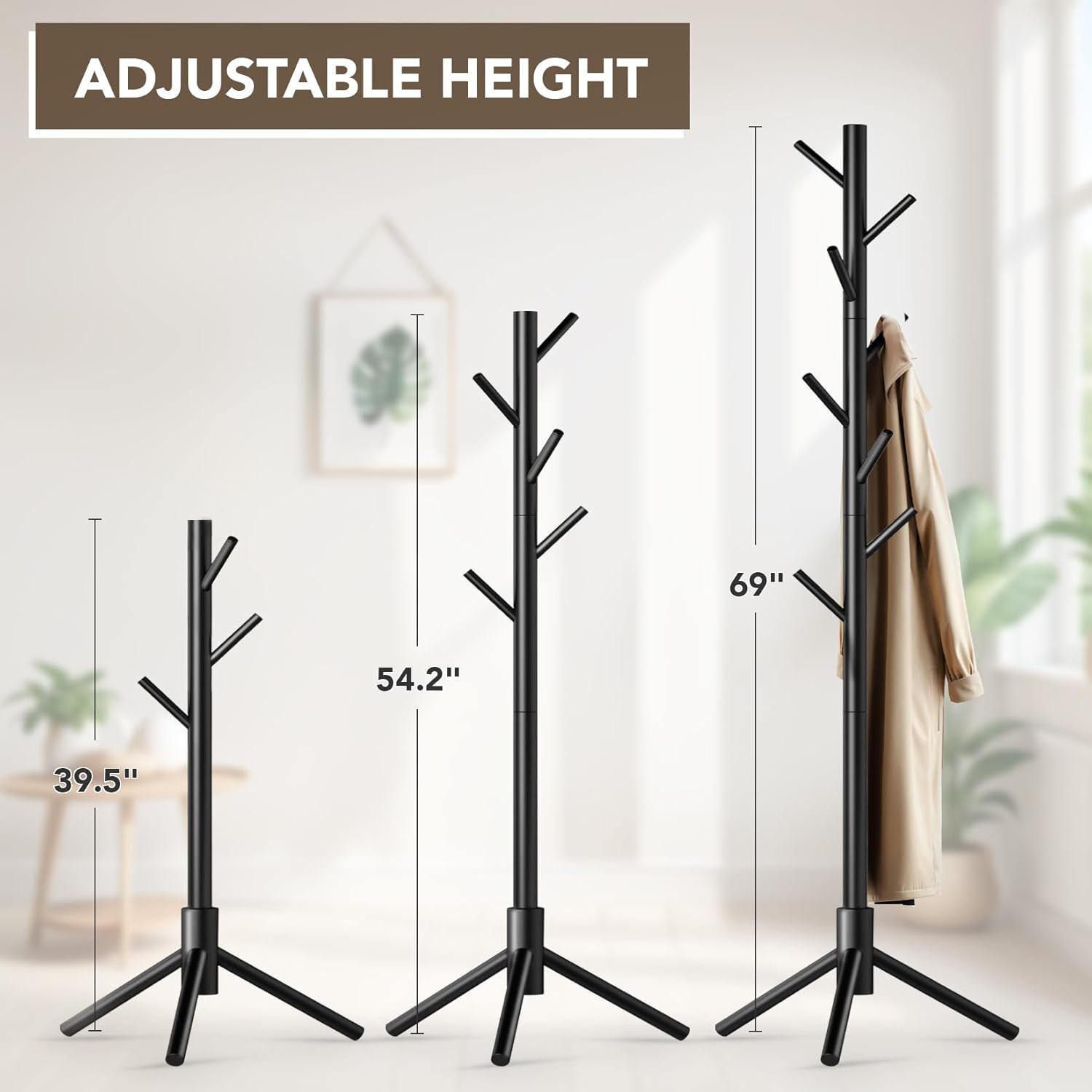 Wooden Tree Coat Rack Stand,Sturdy Freestanding Coat Rack with 8 Hooks
