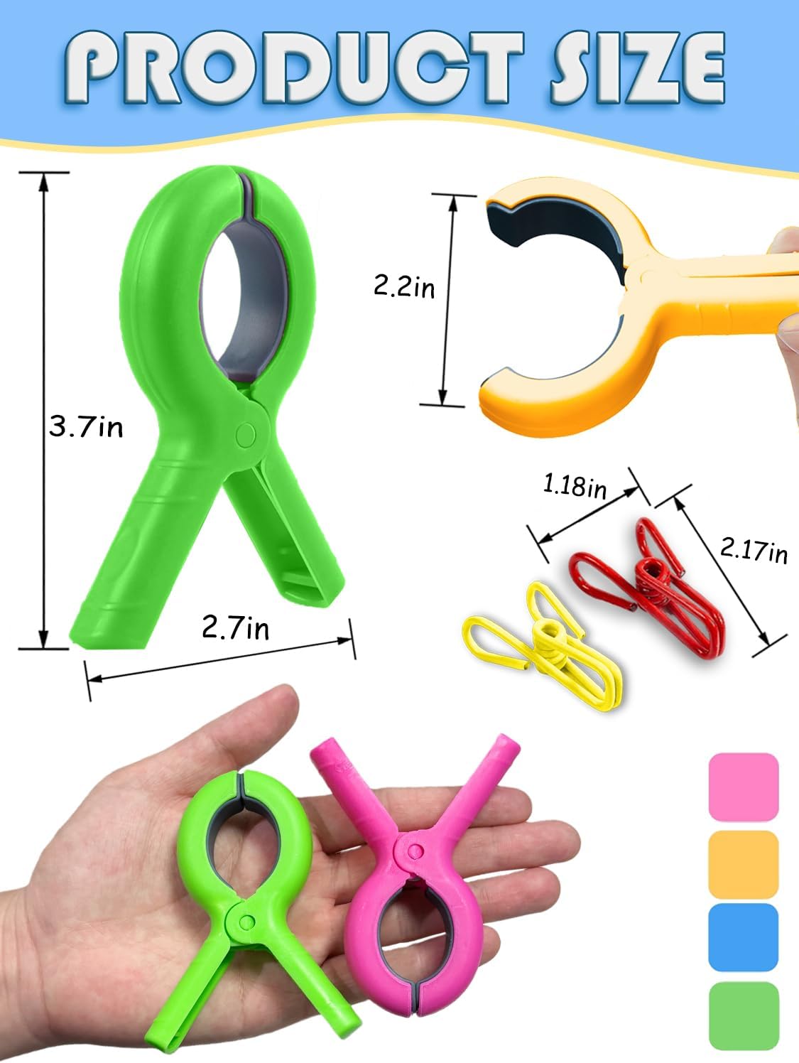Large Beach Towel Clips, 8 PCS Beach Chair Clips with 2PCS Chip Clips for Chair Cruise Pool, Heavy Duty to Beach Vacation Essentials(Pink, Green, Orange, Blue)