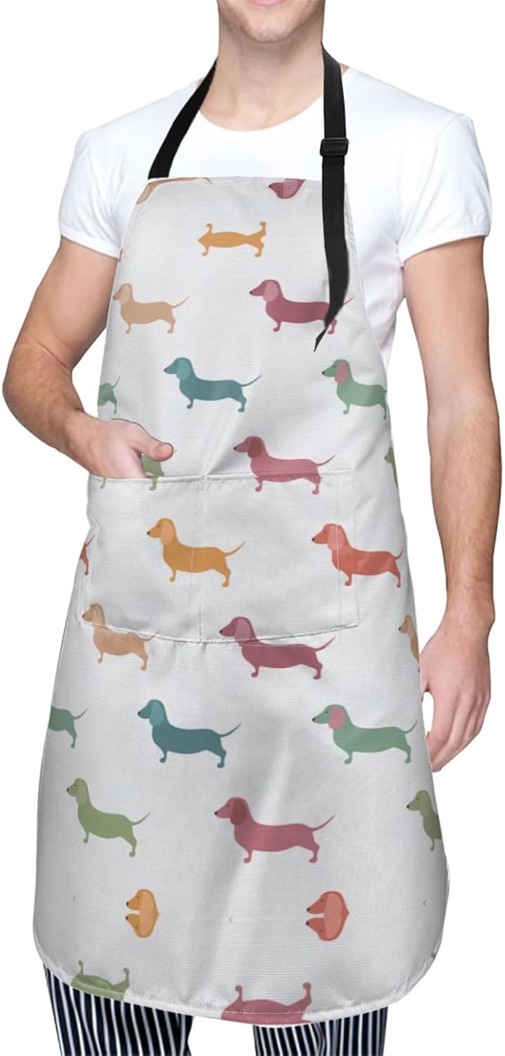 Cute Dachshound Dogs Print 28x33 In Adult Kitchen Apron with Pockets Versatile Chef Smock for Cooking Baking