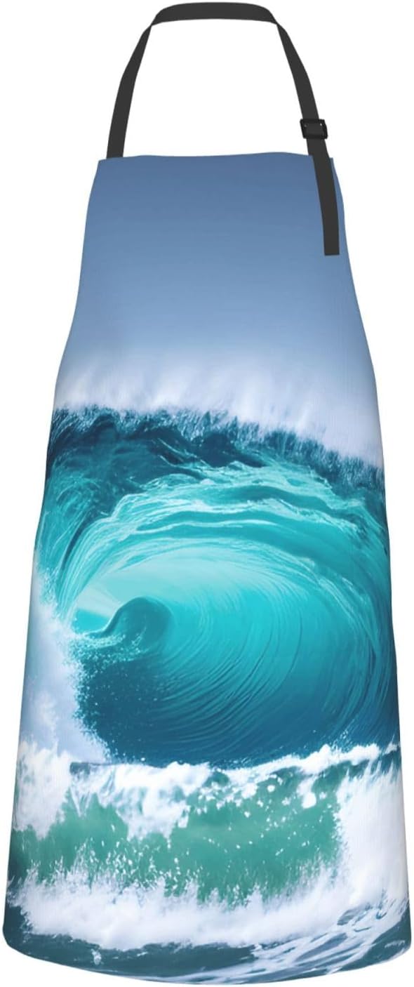 YANYU Ocean Wave Print 28x33 In Kitchen Apron Stylish Chef Apron with Pockets for Cooking Baking Painting
