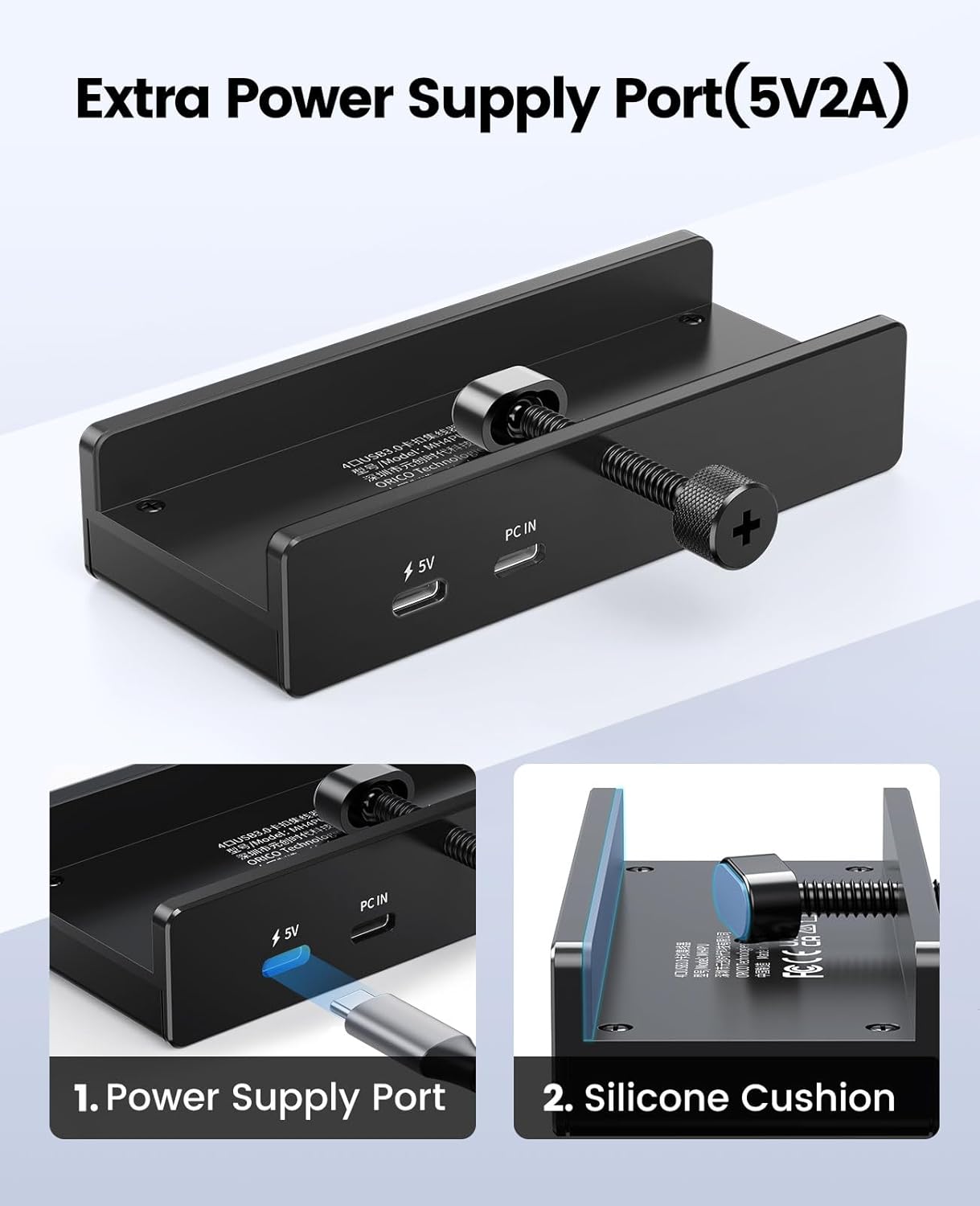 ORICO USB Hub 3.0, Clamp USB Hub with Extra Power Supply Port, Aluminu