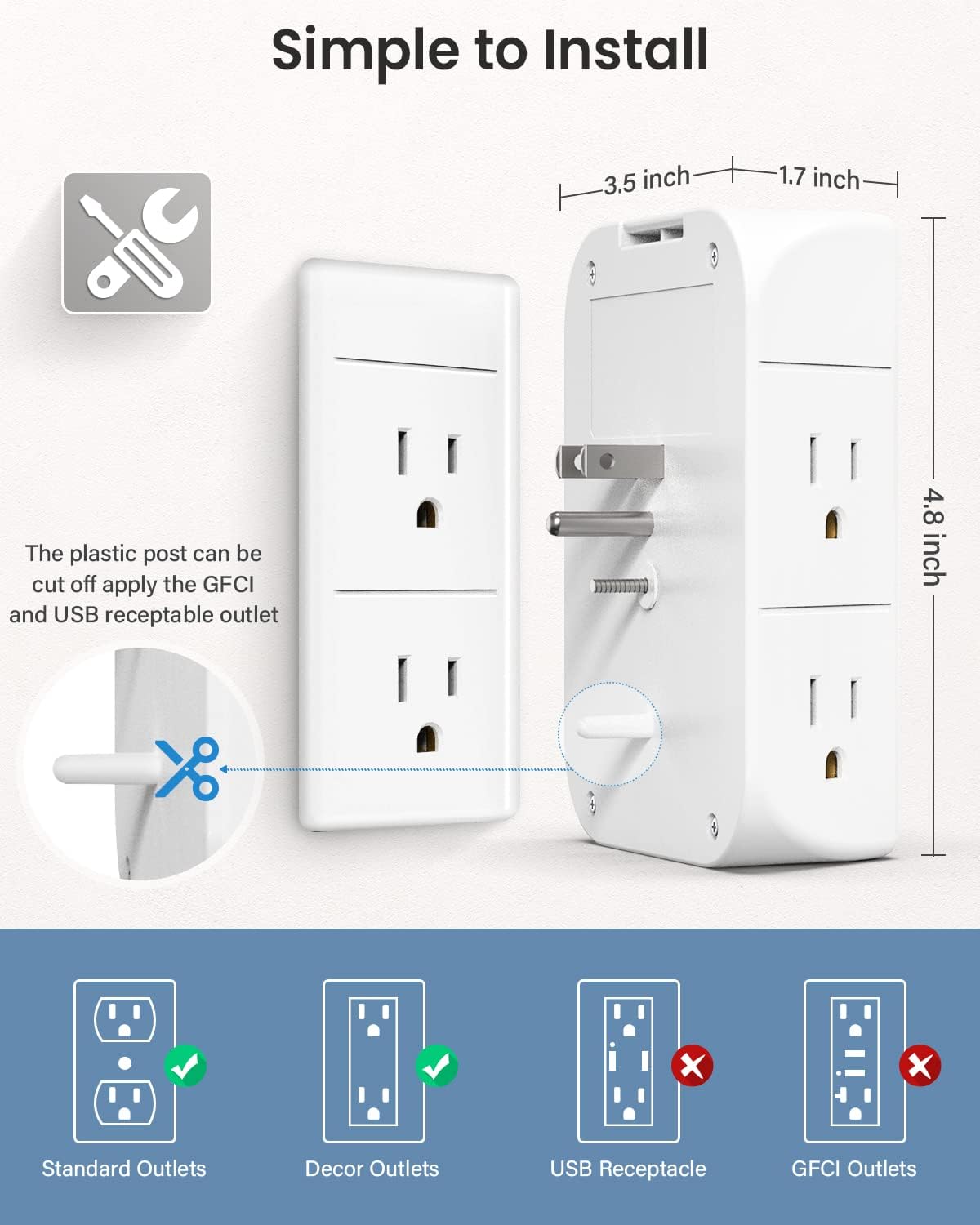 Wall Outlet Extender with Shelf and Night Light, Surge Protector, Wall