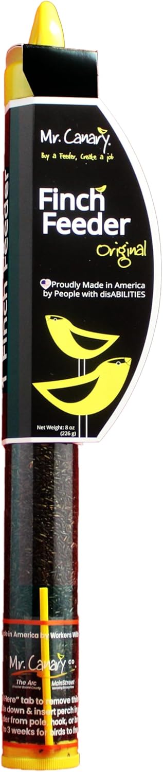 Mr. Canary Finch Tube Feeders, 4ct, Filled with 8oz Nyjer Seed, Bird Feeders Made in America by Workers with Disabilities, Feeds Finches, Chickadees,