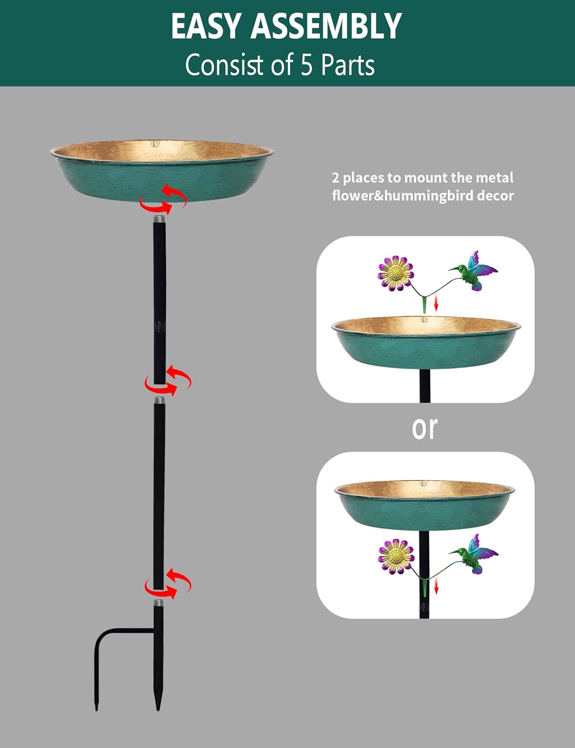 Freestanding Outdoor Bird Bath - 11 Inch Green & Bronze Birdbath Bowl & Feeder with Metal Stake 0.5 Gallon Garden Yard Patio Lawn Decor