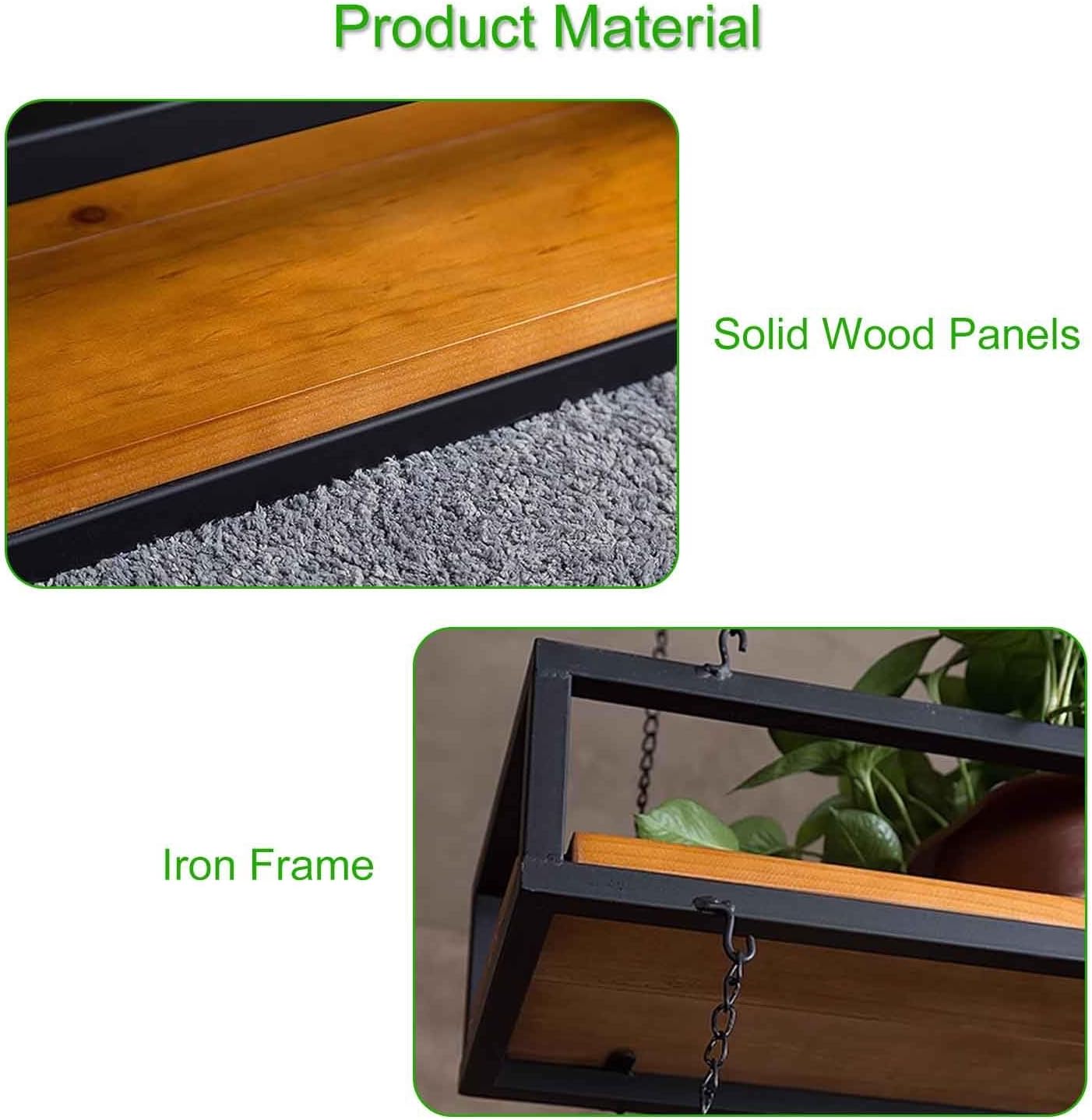 Heavy Duty Adjustable Ceiling Mount Plant Shelf, Solid Wood & Iron Hanging Pot Holder, Floating Storage Rack for Indoor/Outdoor Plants (80x25x15cm)