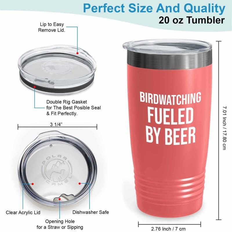 Hobby Beer Lover Coral Tumbler 20oz - birdwatching fueled by beer - Bird Feeder Backyard Birdwatcher Gifts Birding Bird Lover