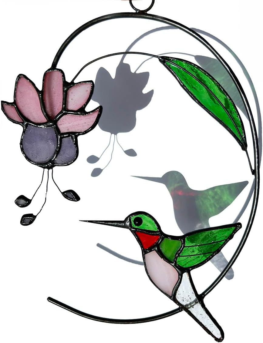 Handcrafted Hummingbird Stained Glass Window Hanging - Suncatcher With Blooming Fuchsia Flower for Window Decor - Gift for Mom and Bird Lovers