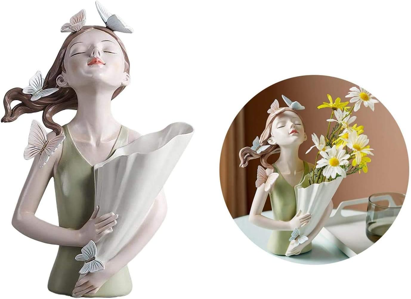 Girl Figurines Flower Vase Resin Girl Statue Sculpture Floral Flower Pots Flower Holder Desktop Planter for Home Office Table Ornaments - Green