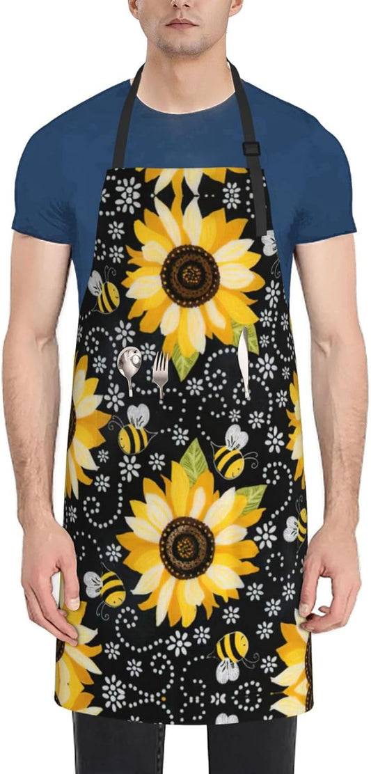 Sunflower bee print Waterproof apron with pocket adjustable cooking ap
