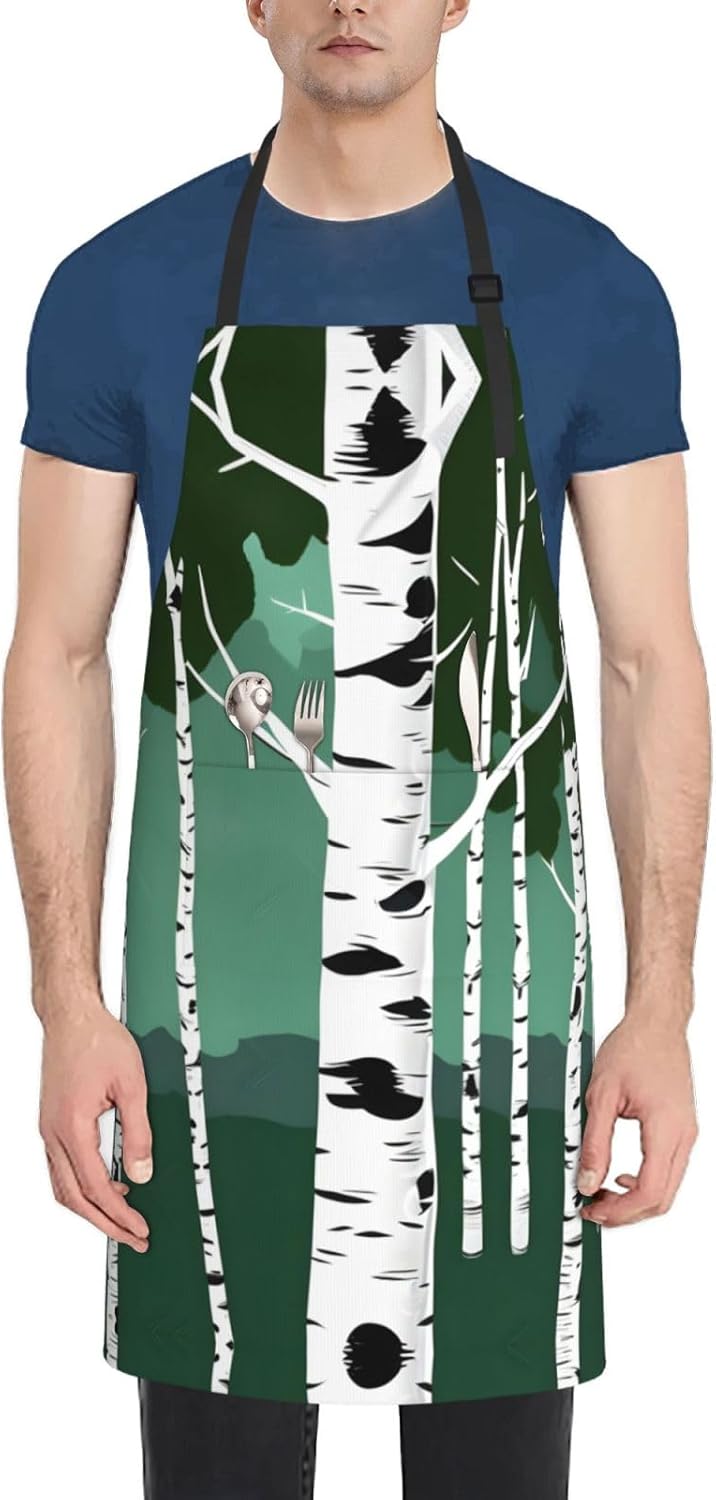 Birch Trees Print 28x33 In Adult Kitchen Apron with Pockets Versatile Chef Smock for Cooking Baking