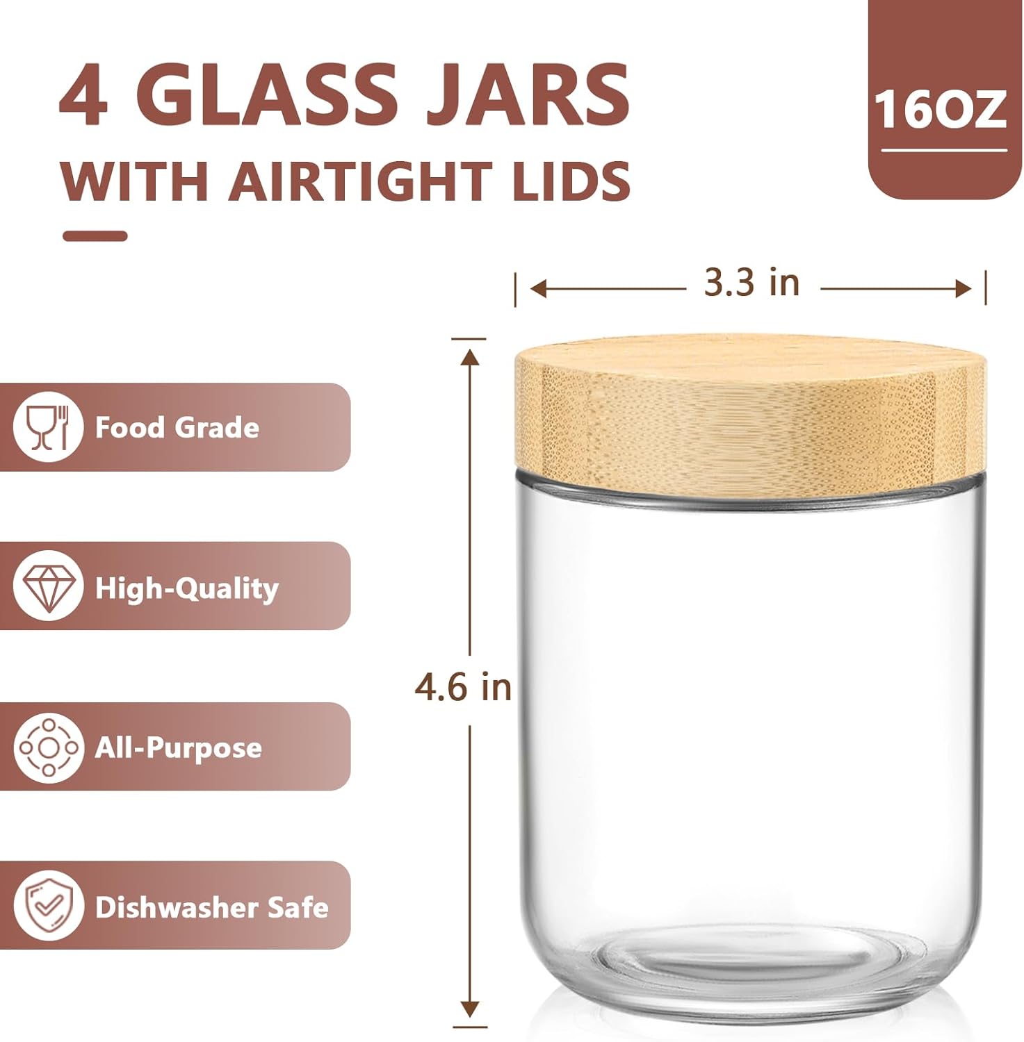 DRKIO 16 Oz Overnight Oats Containers with Bamboo Lids - 4 Pack Glass 