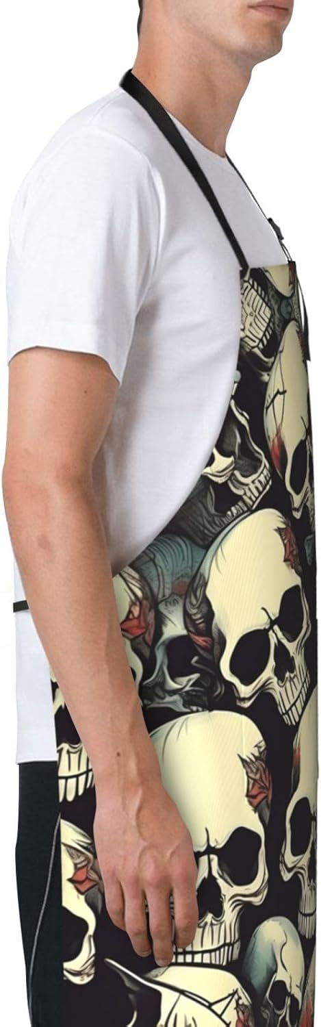Skull Skeleton Print 28x33 In Adult Kitchen Apron with Pockets Versatile Chef Smock for Cooking Baking