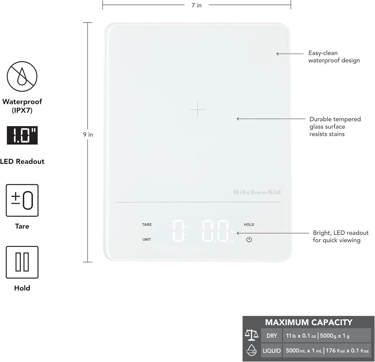 KitchenAid KQ913 Digital Waterproof (IPx7) Kitchen and Food Scale, LED