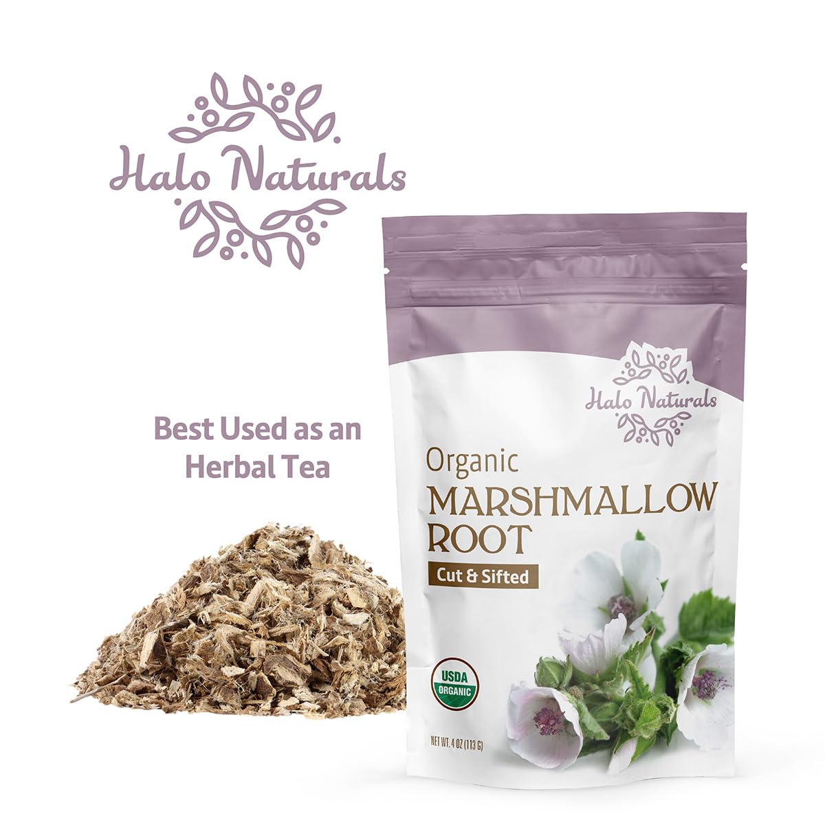 Organic Marshmallow Root Cut & Sifted, 4 Ounces (Althaea officinalis) USDA Certified | Resealable Pouch| Packaged in The USA (Pack of 1)