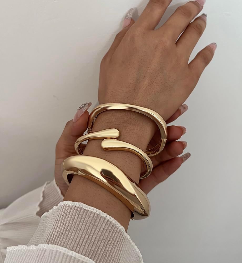 Chunky Gold Bangle Bracelets for Women, Dainty 14k Gold Plated Big Sta