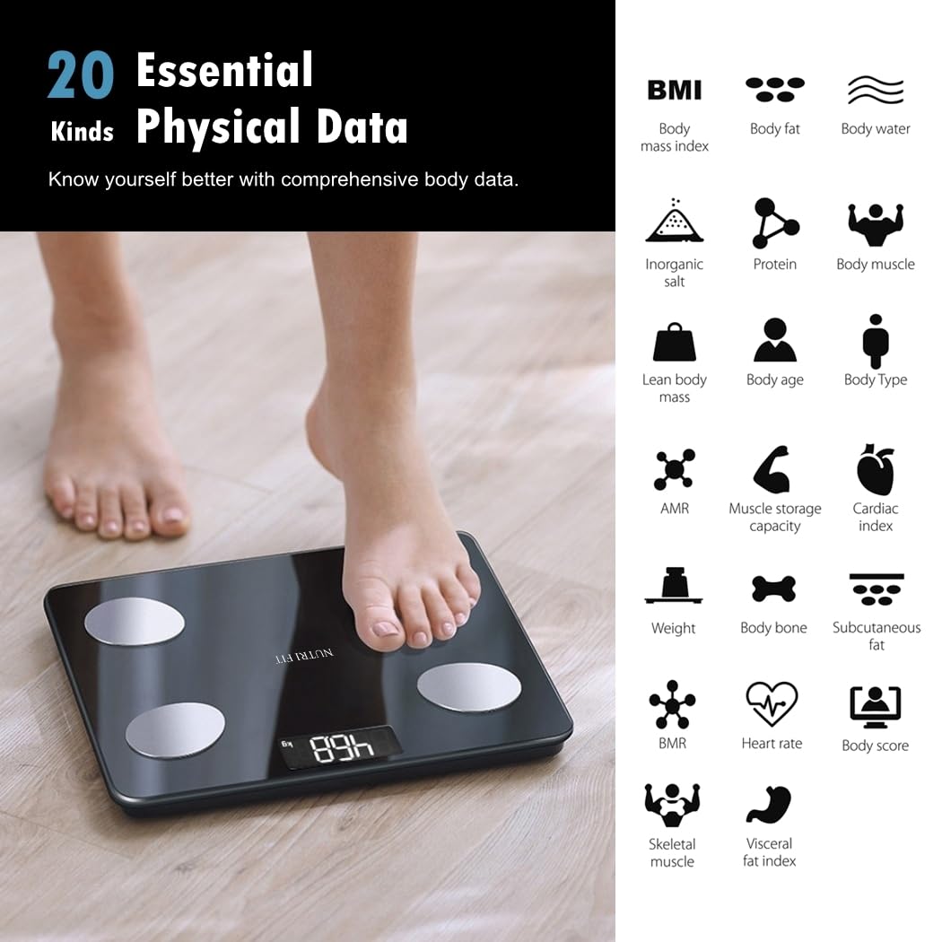 NUTRI FIT Scale for Body Weight Digital Bathroom Smart Scale with Bluetooth for BMI, Body Fat, Muscle Mass, 20 Body Composition Analyzer Health Monitor Sync Apps 330lbs, Batteries Included