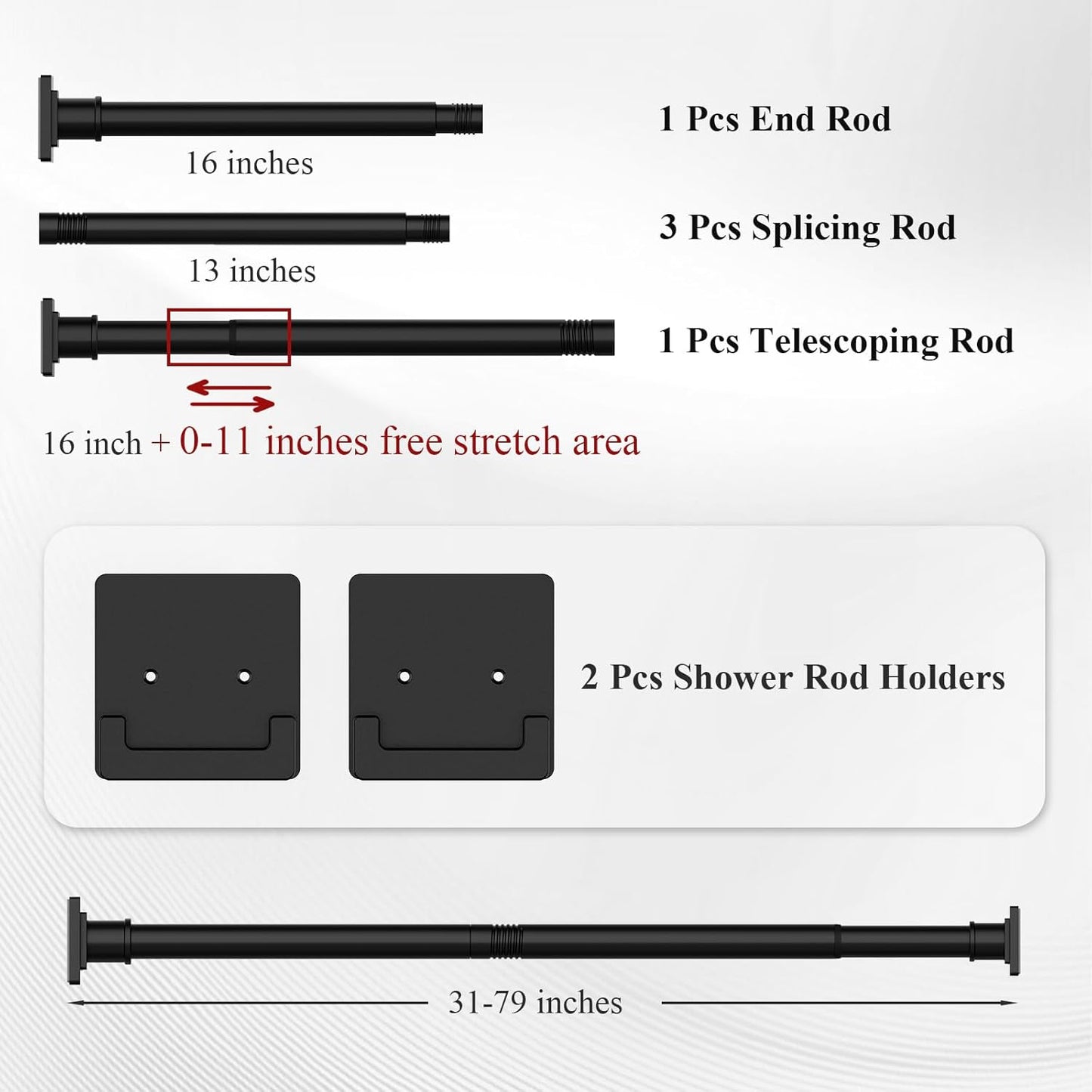 Matte Black Shower Curtain Rod 31-79 inches with Holders, Stainless Steel Shower Rod & Tension Rod, Adjustable Tension Shower Curtain Rod for Bathroom, Windows, Closet