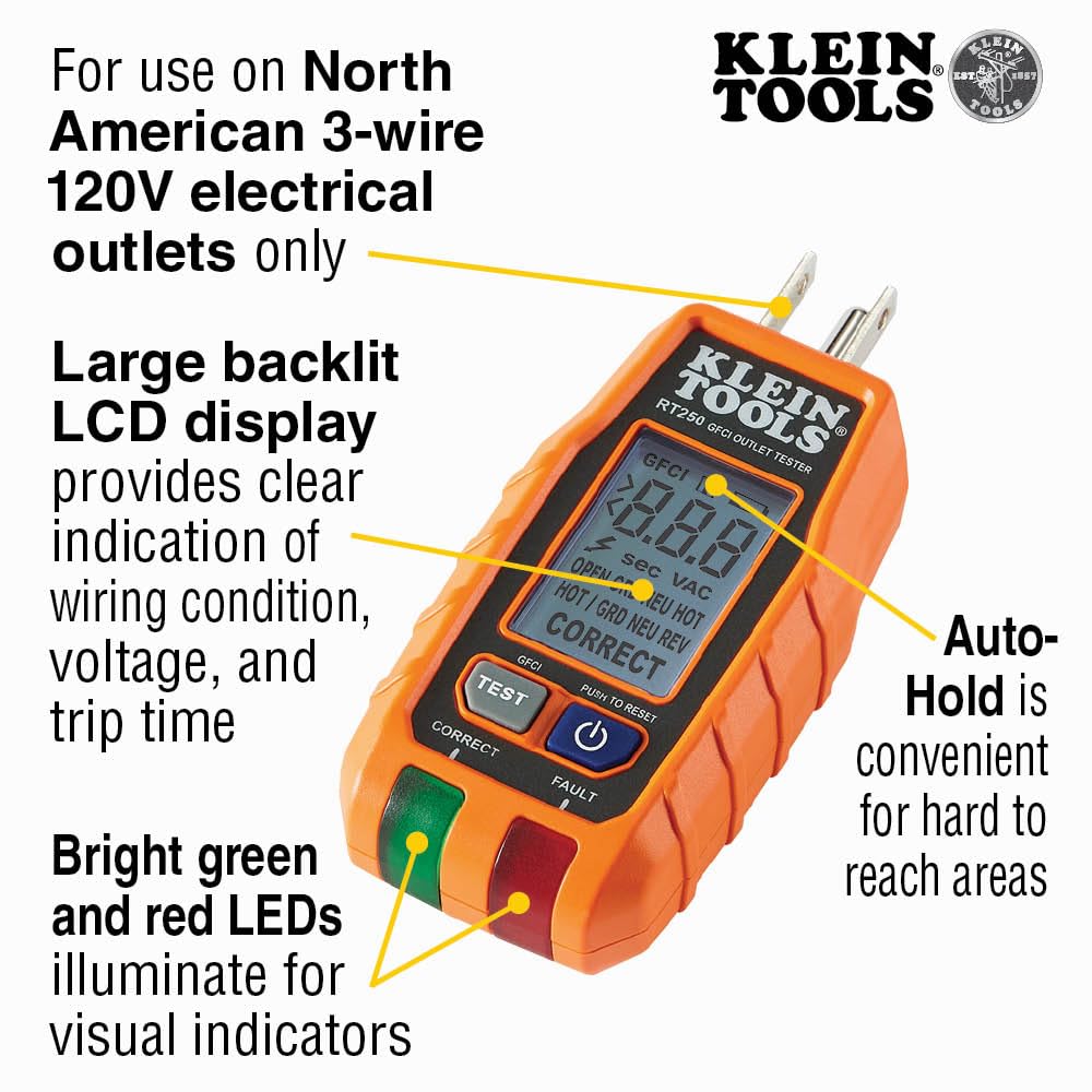 Klein Tools RT250 GFCI Outlet Tester with LCD Display, Electric Voltag