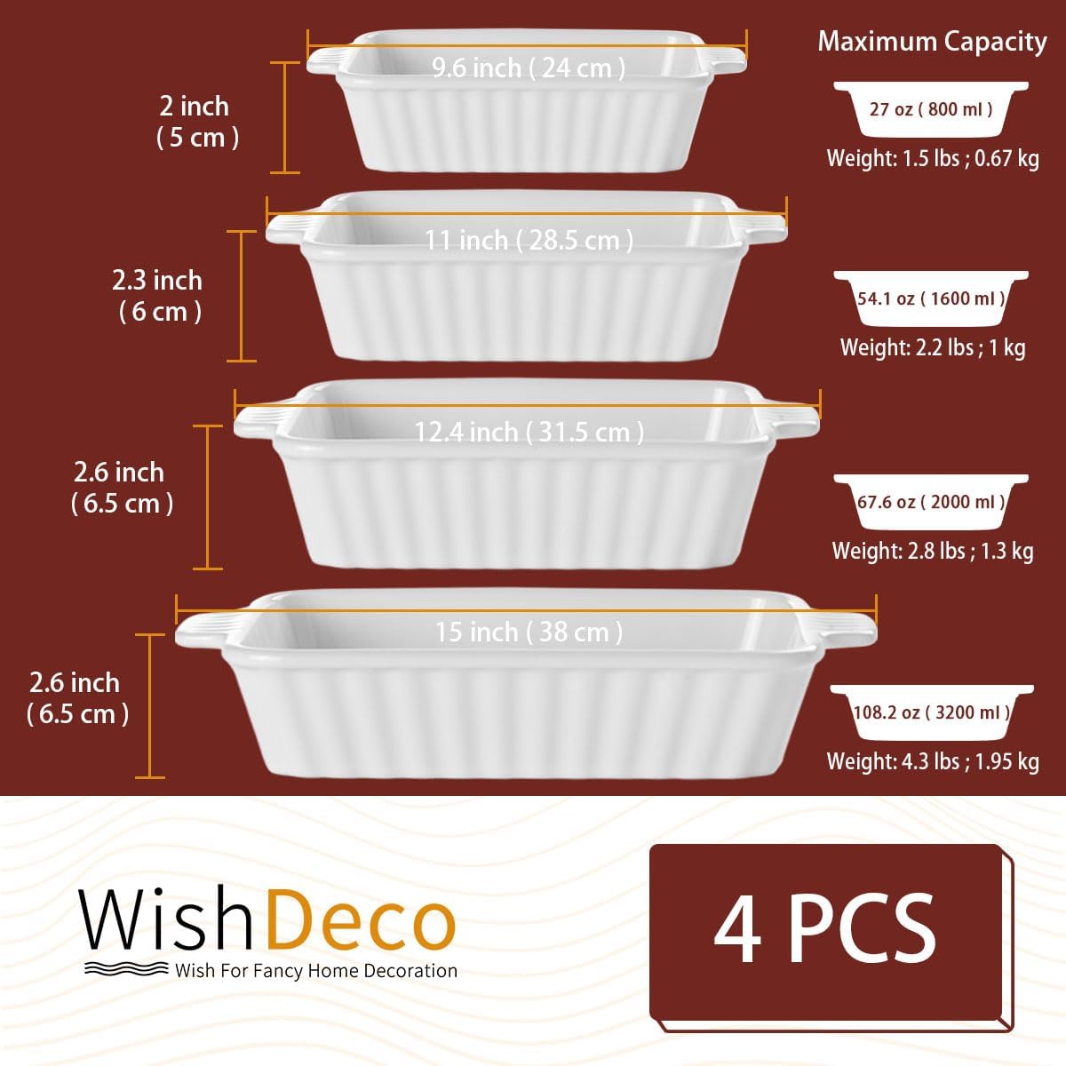 Ceramic Casserole Dishes Set of 4, Baking Dishes for Oven, Rectangular