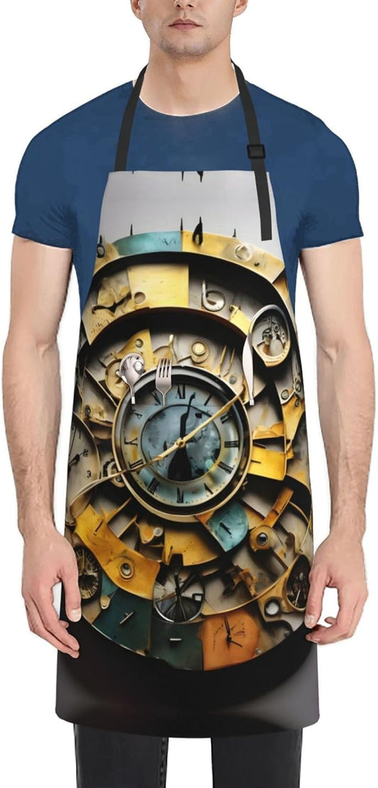 Clock Art Print Laundry apron 28x33 In Waterproof Kitchen Apron with Pockets for Cooking Baking