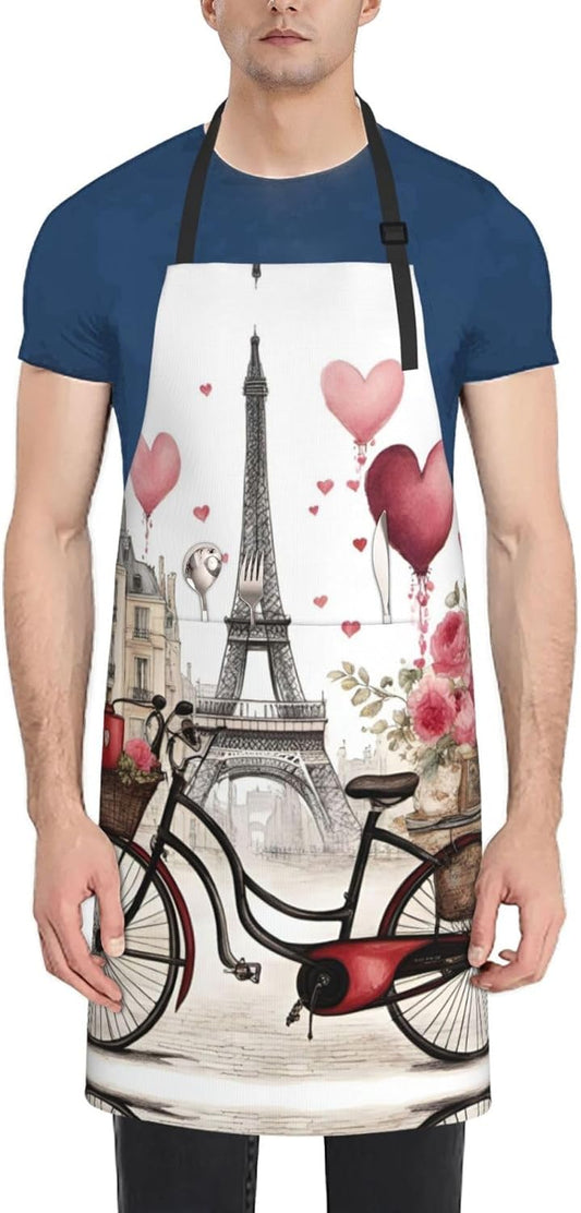 Love Paris Tower Coffee Wine Perfume Bicycle Heart print Waterproof chef's apron with pocket apron for kitchen cooking baking barbecue and gardening