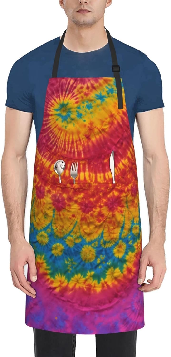 Tie Dye Hippies Print Laundry apron 28x33 In Waterproof Kitchen Apron with Pockets for Cooking Baking