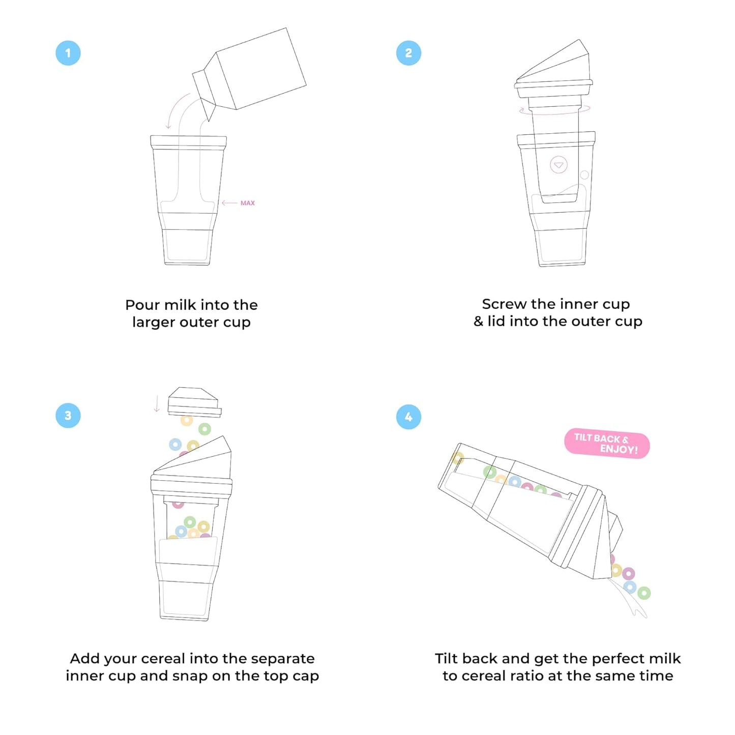 CRUNCHCUP XL Black - Portable Plastic Cereal Cups for Breakfast On the Go, To Go Cereal and Milk Container for your favorite Breakfast Cereals, No Spoon or Bowl Required