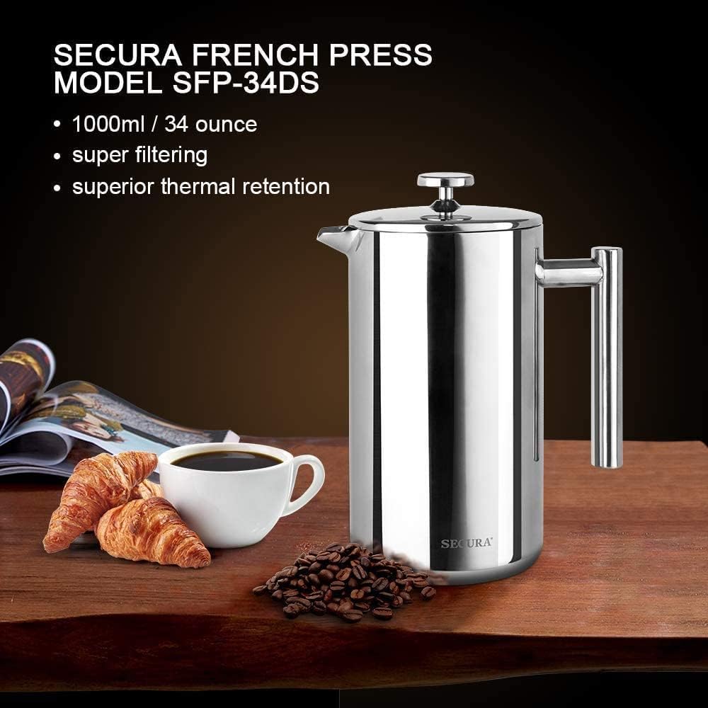 Secura French Press Coffee Maker, 304 Grade Stainless Steel Insulated 