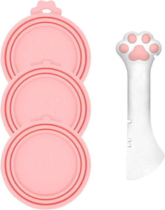 3 Pcs Pet Food Can Lids & One Can Spoon | Cute Paw Shape Opener Spatul