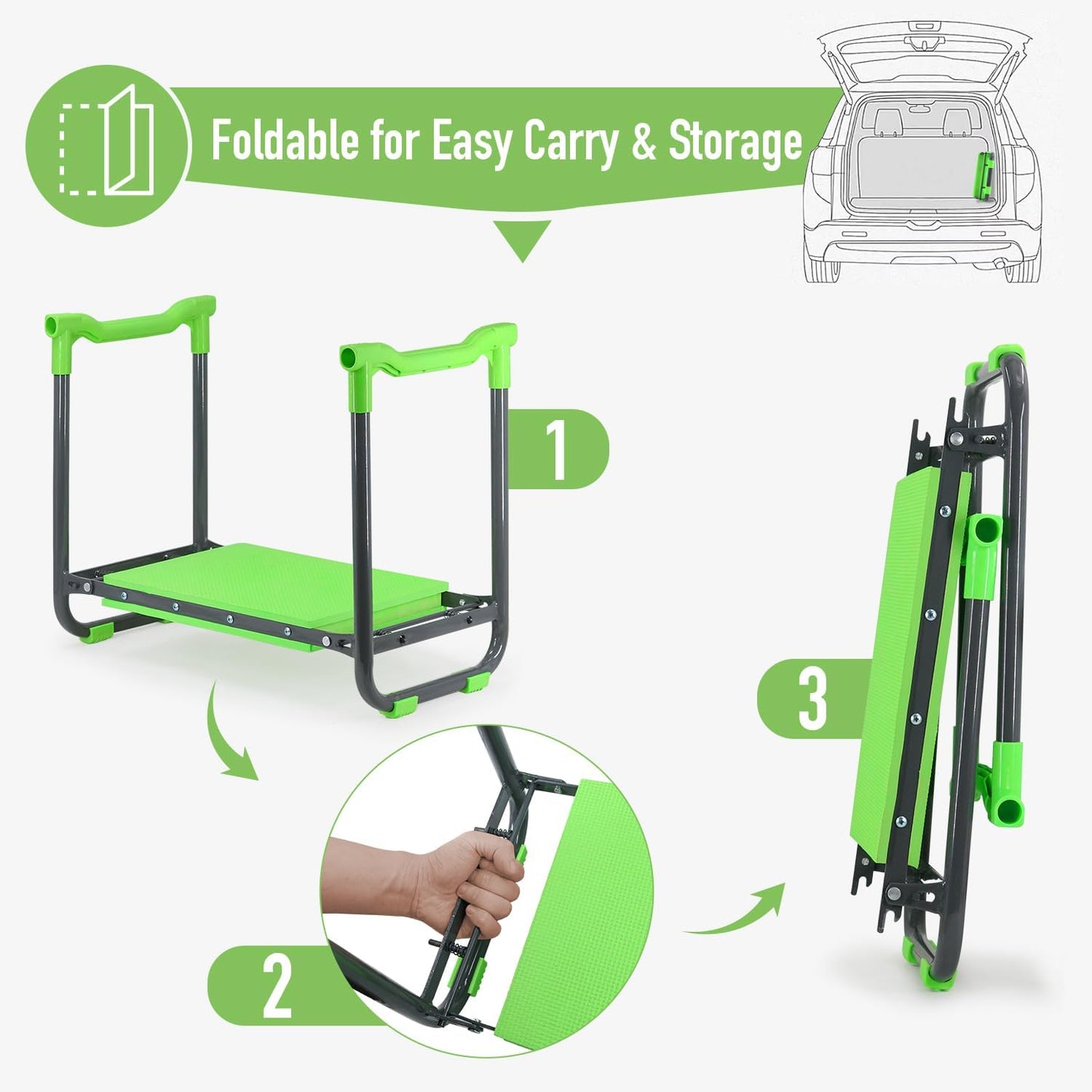 Garden Kneeler and Seat Heavy Duty with 10.2” Wider Soft Pad, Portable Folding Stool for Gardening with Extra Hand Pruner, Sturdy Garden Kneeling Bench for Senior Help Stand, Green