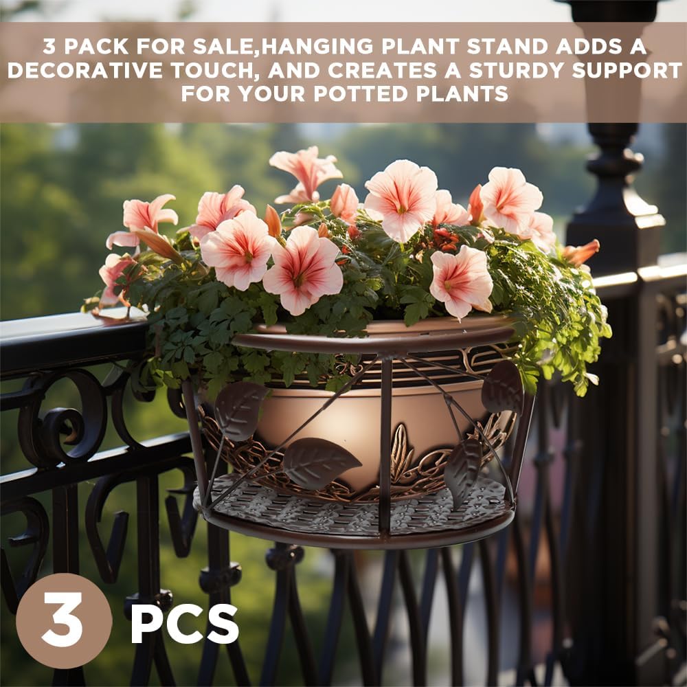 Iron Hanging Basket Flower Pot Support Home Outdoor Balcony Plant Hanging Basket Flower Pot Support Fence Planting Garden Plant Iron Product Pack of 3 (Champagne Color)