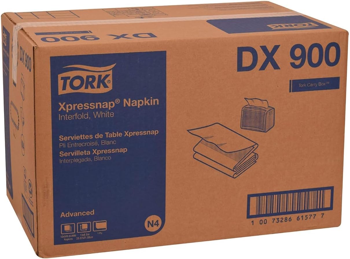 Tork Xpressnap White Dispenser Napkins N4 Advanced Interfold 1-Ply for Hygienic Dispensing 12 Packs of 500 (6000 Total) - (DX900)