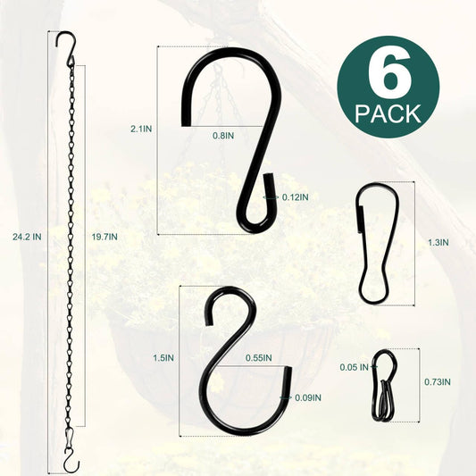 6PCS Hanging Chains with S Hooks, 24.2IN Long Chains with Clips, Adjustable Black Metal Chains Hanger for Plant, Sign, Bird Feeder, Wind Chime