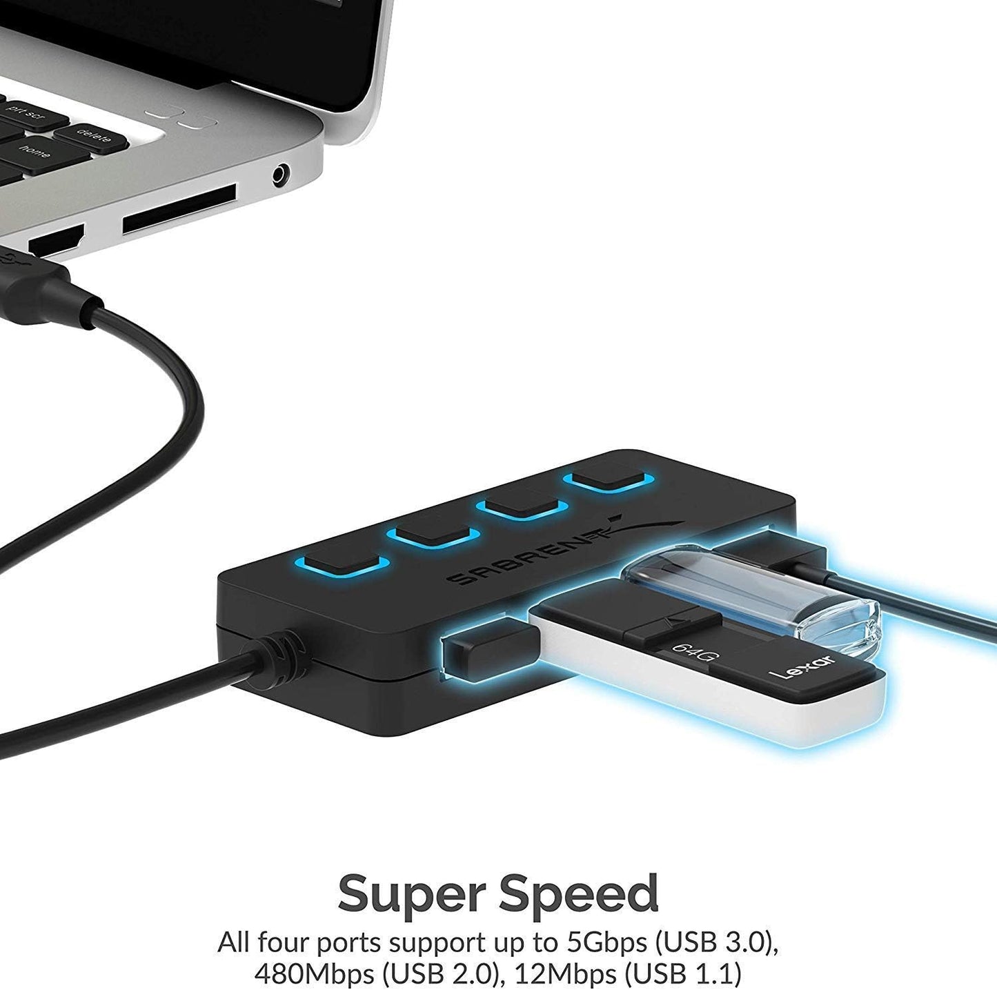 SABRENT 4 Port USB 3.0 Hub with Individual LED Lit Power Switches, Inc