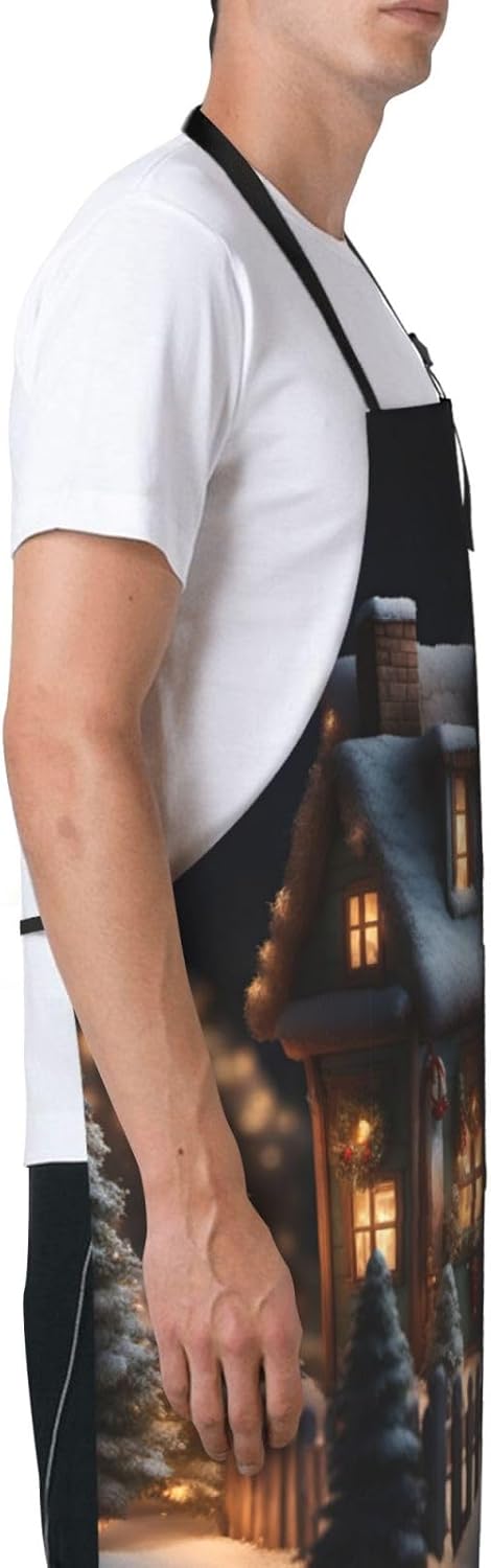 Christmas Village House 4 print Waterproof chef's apron with pocket apron for kitchen cooking baking barbecue and gardening