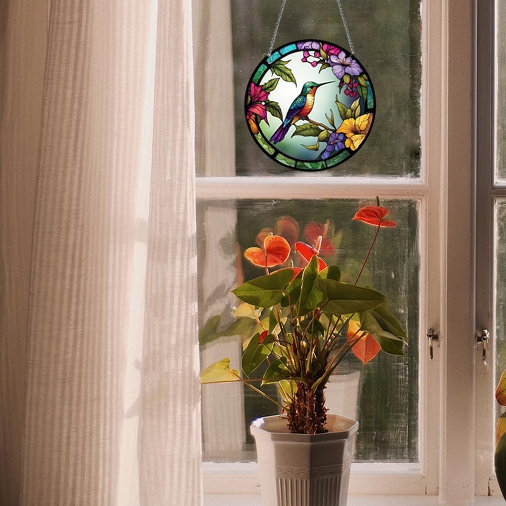 Hummingbird with Flower 2D 8inch Acrylic Window Hangings, Bird Suncatc